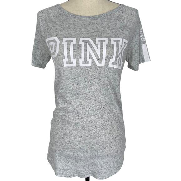 PINK Victorias Secret Logo T-Shirt Short Sleeve Top Light Gray Womens Sz XS - Picture 9 of 9